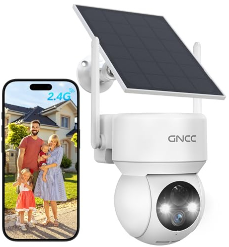 GNCC Solar Security Cameras Wireless Outdoor 2.4G WiFi, 360° View, Solar/Battery Powered, AI Human Detection, Color Night Vision, 2-Way Audio, Spotlight Siren Alarm, IP65 Waterproof, SD/Cloud Storage
