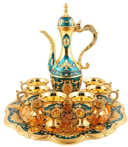 Service à thé turc, ensemble de tasses à café turques dorées vintage exquises avec plateau et 6 tasses, verres thé marocains de luxe en métal pour les décorations fête la maison..