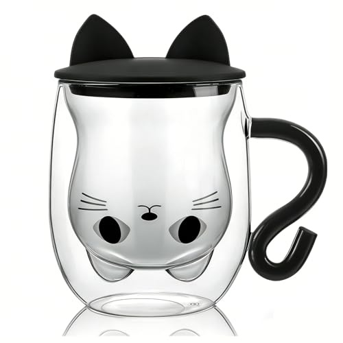Tazza Gatto Doppia Parete Vetro Tazza da Caffè, Tazza Gatto con Coperchio, Rosa Tazza per Gatti a Doppia Parete Vetro, tazza gatto, Regalo Gatto per Donna, per le donne ragazze amanti dei gatti (Nero)