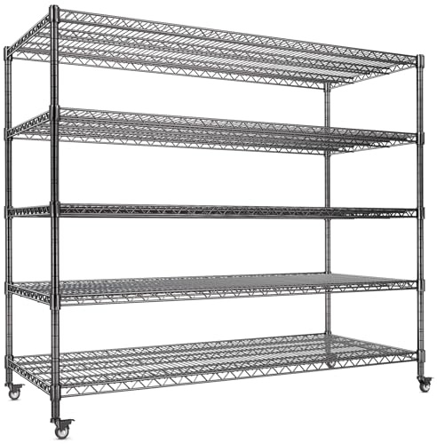 AIRAJ 5-lagiges Regal,140CM Schwerlastregal mit Rädern,Tragfähigkeit 1600KG,Höhenverstellbarer Metallregal,Kellerregal und Lagerregal, 140W×46D×186H cm,Galvanisiertes Silber