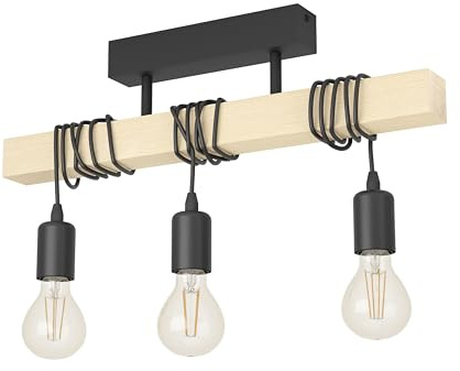 EGLO Deckenlampe Townshend 3 flammige Vintage | Deckenleuchte im Industrial Design, Retro Pendelleuchte aus Stahl und Holz, Farbe: Schwarz, braun, Fassung: E27