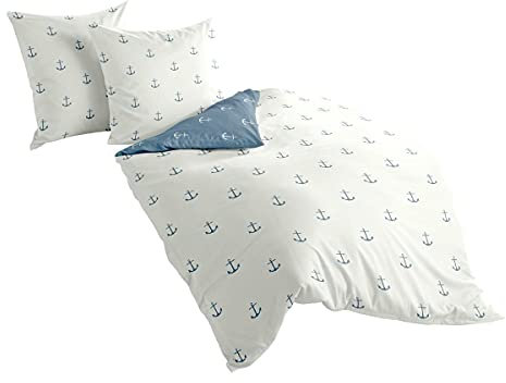 Traumschlaf – Biber Bettwäsche Set mit 1x Bettdecke + 1x Kissenbezug – Maritime Bettgarnitur aus 100% Baumwolle mit Reißverschluss 135x200 cm + 80x80 cm