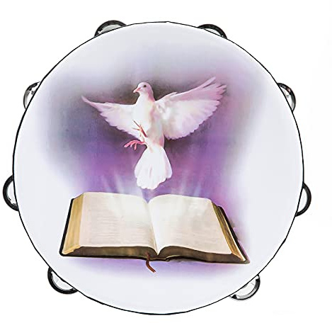 Tambourine 10 inch Dove Bible Double Row Jingle Tambourine for Adults,Handbell Clap Drum Tambourines for Pray Church Party Musical Instrument (10 inch Dove)