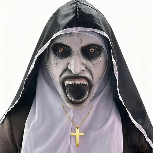 Wonsunss Halloween Mask Nun Scary Latex Mask, Halloween Party Scary Full Head Costume Horror The Nun Halloween Cosplay Costume Full Head Creepy Mask