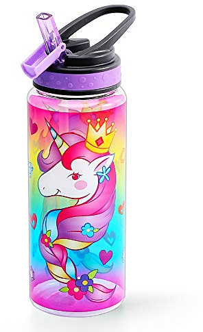 Home Tune Cute Water Bottle for School Girls Boys, 680ml - Unicorn | BPA Free Tritan, Leak Proof Flip Straw, Easy Clean, Carry Handle