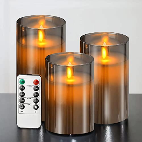 ILEEDear Velas LED Vidrio, Velas led efecto llama, Pack de 3 Velas Electricas de cera de verdad con Mando a Distancia y Temporizador Velas Decorativas de pilas para Decoración, Bodas, Navidad (Gris)