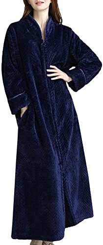 SOMTHRON Damen Langer Reißverschluss Bademantel Flanell Fleece Roben Winter Warmer Hausmantel Nachthemd Nachtwäsche Pyjamas(ZQ,M)