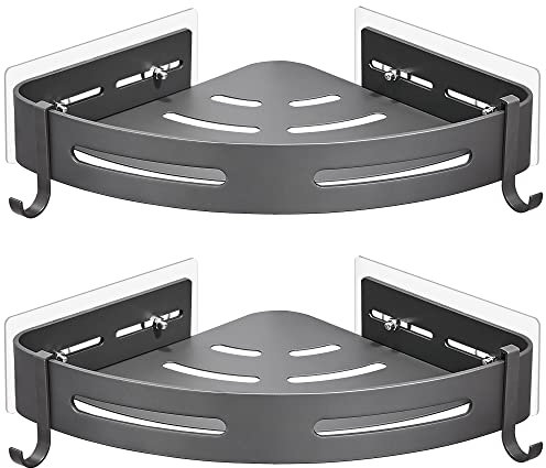 GRICOL Shower Corner Shelf No Drilling Metal with Stickers Wall Mounted Adhesive Shower Caddy Basket Organiser for Bathroom 2 Tiers Grey