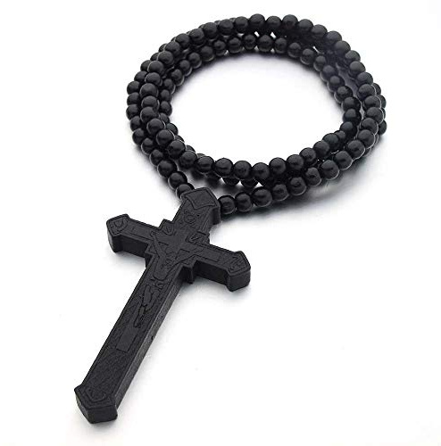 Jemant Kreuz-Halskette aus Holz für Herren, gravierter Jesus-Anhänger, großes Kreuz, Holz-Rosenkranz, Perlen, Halskette für Frauen, religiöses Christentum, Wanddekoration, Schmuck