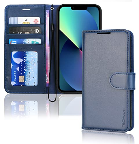 TECHGEAR Etui iPhone iPhone 14 Plus Portefeuille - Housse en Cuir avec Rabat de Protection, Fentes pour Cartes, Béquille et Dragonne, Cuir PU Bleu Compatible avec iPhone 14 Plus 6.7