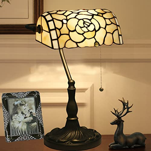 BOTOWI Tiffany Bankers Lampe Buntglas Weiß Beige Rose Design Tisch Oder Schreibtisch Klavier Licht Mädchen Liebhaber Schlafzimmer Nachttisch Kommode Lampe Vintage-Look Bunte Akzent Dekor,Banker lamp