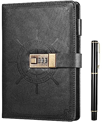 Kesote Diario con contraseña Cuaderno de tapa dura con cerradura de combinación Diario secreto A5 con Bolígrafo Registro de Trabajo para Mujeres Hombres 212 Páginas (Negro)