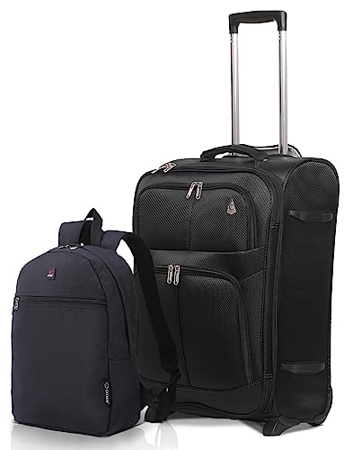 Aerolite 55x40x23 + 40x30x10 Lufthansa Condor Austrian Brussels Swiss Höchstzulage Leichtes 2 Teiliges Handgepäck Gepäckset, Koffer + Rucksack Schwarz