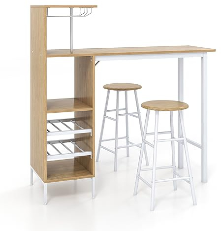HOMASIS Ensemble de table de bar avec 2 tabourets de bar, table de salle à manger avec supports pour verres à vin et étagères pour 6 bouteilles de vin, table bistro industrielle pour cuisine, 120 x 40