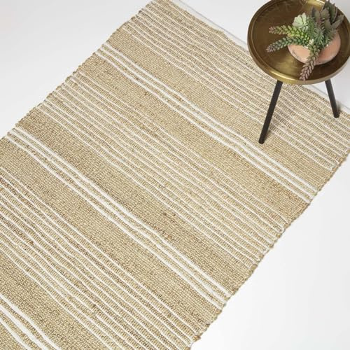 HOMESCAPES Handwoven Natural & Cream Striped Rug 120 x 170 cm Cotton & Jute Living Room Area Rug ‘Arlyn’ with Traditional Stripe Pattern