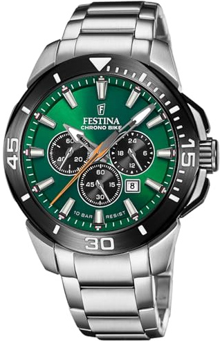 FESTINA Reloj Hombre Analógico de Acero Inoxidable 316l Plateado - Movimiento de Cuarzo - Cronógrafo - Calendario - Cristal Mineral de Alta Resistencia - Resistente al Agua 10 ATM F20641/A Chrono Bike