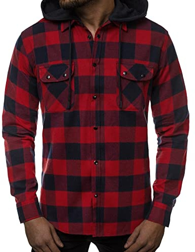OBiQuzz flanellskjorta herr rutig fritidsskjorta normal passform långa ärmar flanellskjortor med huva långärmad rutig skjorta casual button down flanell skjorta övergångsjacka lätt jacka, röd, M
