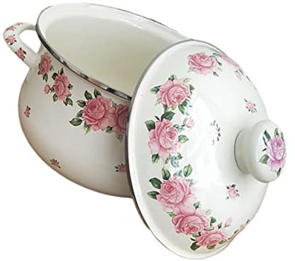 OUNONA 20cm Pink Rose Enamel Stockpot Double-Handle Thickened Soup Stew Pot Household Kitchen Cooking Vessel Suitable for Gas and Electric Stoves
