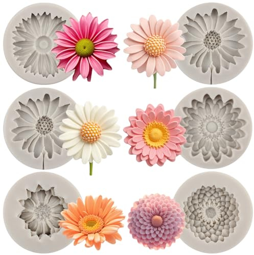 MYPRACS Chrysanthemum-Blumen-Silikonform Gänseblümchen-Fondantformen Sonnenblumen-Fondantformen für Kuchendekoration Süßigkeiten-Schokoladen-Kaugummi-Paste Polymer-Ton 6er-Set