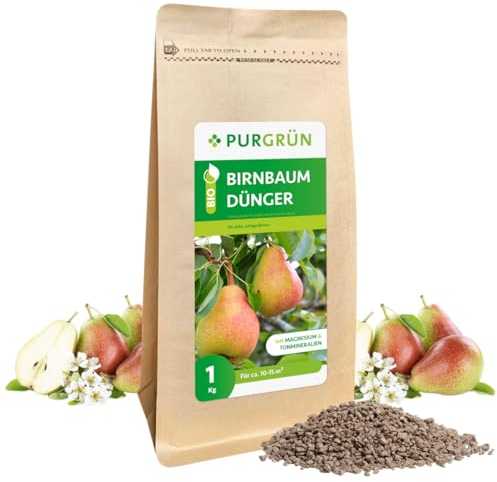 Purgrün® Bio-Birnen-Dünger 1 kg – Organisch-mineralische Rezeptur – Feinkörniges Krümelgranulat – NPK 6+3+8 – Mit Magnesium für saftig süße Birnen – Verbessert die Bodenqualität