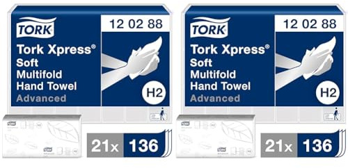 Tork Xpress weiche Multifold Papierhandtücher 120288 - H2 Advanced nachhaltige Falthandtücher für Handtuchspender - saugfähig und reißfest, groß, 2-lagig, weiß - 21 x 136 Tücher (Packung mit 2)