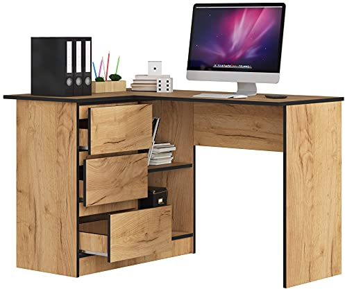 BDW Eckschreibtisch Links, 3 Schubladen und 2 Regale, Schreibtisch mit Regalen, viel Platz zum Entfalten, für Jugendzimmer, Büros und Ateliers, Arbeitstisch, Bürotisch 124x77x85 cm, Eiche Craft