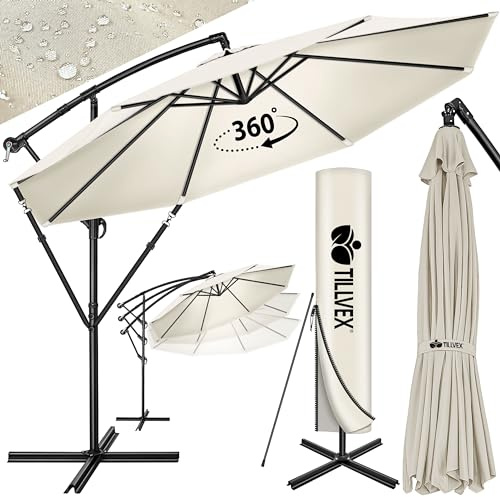 Tillvex Ombrellone da Giardino 350 cm Con Copertura, Frangivento e Manovella | Per Terrazza, Balcone | in Alluminio Con Protezione UV - Impermeabile | Con Base