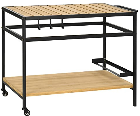 Outsunny Desserte de Jardin Chariot pour plancha Barbecue avec 2 étagères et 3 Crochets en Bois et métal - 107 x 65 x 80 cm Noir Naturel