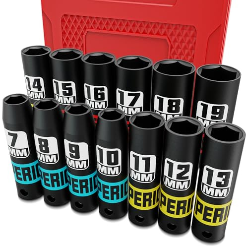 KIRXST 3/8 Inch Drive Impact Socket Se, 13 Piece Deep Sockets 7-19 mm, Metric Socket Set for Automotive Trucks Tractors Engines Repairing DIY Mechanic Tool