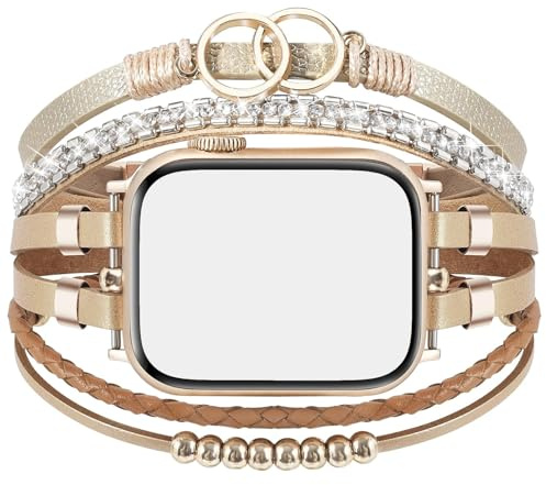 VISOOM Lederarmband Kompatibel mit Armband 46mm/42mm/44mm/45mm, Beads Boho Stein Schmuck iWatch Wickelarmband Damen Frauen für Series SE3/2/1 11/10/9/8/7/6/5/4, Unendlich-Kahki