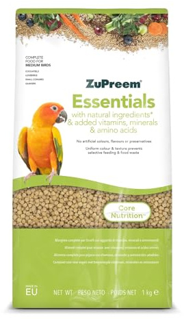 Zupreem Essentials mat för sällskapsfåglar – naturliga ingredienser – fågelfoder lämplig för kärleksfåglar, NINFA-kakaduor, argentinska korv och andra medelstora fåglar – 1 kg