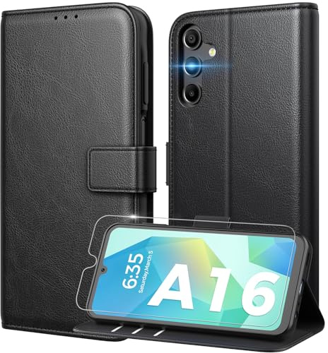 Peakally Handyhülle für Samsung Galaxy A16 5G Hülle [Mit 1 Stück Panzer Schutz Glas] [Premium PU Leder] [RFID-Blockierung] [Kartenfach] Klapphülle kompatibel mit Galaxy A16 5G / A16 4G - Schwarz