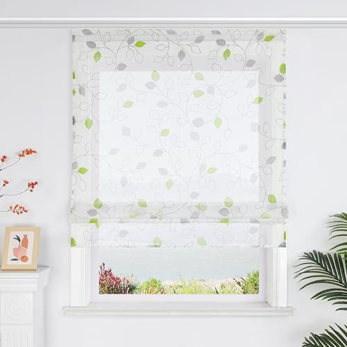 SCHOAL Raffrollo mit Klettband Transparente Rollo Raffgardine mit Blätter Voile Vorhang Landhaus Gardine für Küche Fenster 1 Stück BxH 80x140 cm Grün