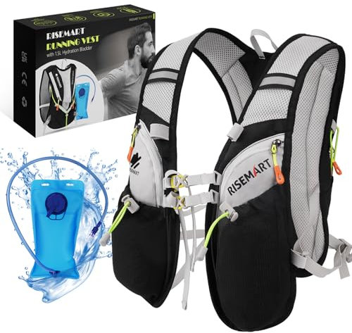 RISEMART Laufweste für Damen und Herren, Trinkrucksack Laufweste, Laufen Verstellbare Brustgurte Ultraleicht Laufrucksack mit 2L Trinkblase für Marathon, Joggen, Radfahren, Camping, Wandern