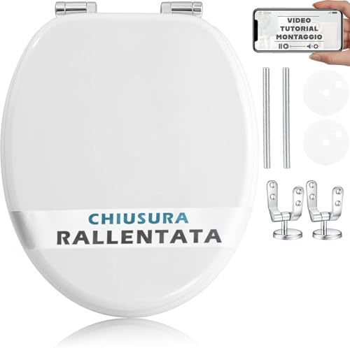 HAND Tavoletta WC Universale in Legno con Chiusura Rallentata – Copriwater Ovale con Cerniere Cromate Antiruggine – Sedile WC Universale Soft Close (Ideal Rallentata)
