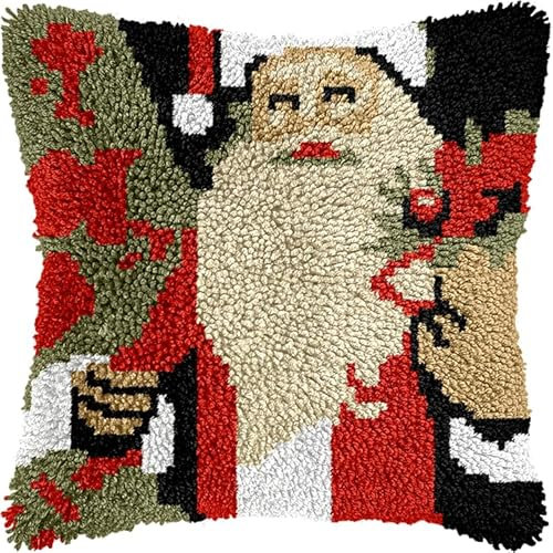 WallustrioaW Weihnachten Knüpfkissen Set,Süßer Weihnachtsmann,Knüpfkissen Set für Anfänger Erwachsene oder Kinder zum Selber Knüpfen,DIY Knüpfteppich Knüpfpackung,43x43cm