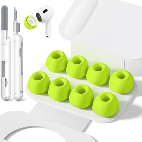 4 Pairs Replacement Ear Tips for AirPods Pro 1/2 with Hole for Noise Reduction, Silicone Earplugs for AirPods Pro with Cleaning Set & Portable Storage Box, (XS/S/M/L) Fluorescent Green