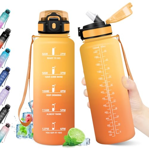 Trinkflasche Sport 1.5L, Auslaufsicher, Wasserflasche mit Strohhalm, Trinkflasche mit Zeitmarkierung, Wasserflasche Kohlensäure Geeignet, BPA-frei, Sportflasche für Fitness, Gym, Fahrrad, Yoga