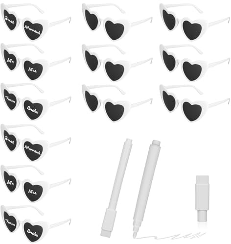 RoyalChic 12 Herz Sonnenbrille Partybrille Set DIY Herzbrille mit 2 Stift, Sonnenbrille Hochzeit JGA Brillen Hippie Herzförmige Brille Herzform Brille für Party Hochzeit Karneval Halloween (12, Weiß)
