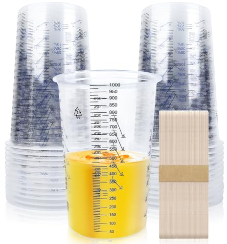 Tasses de Mélange de Peinture Verre Doseur 1000ML Kit de 20 Gobelets Doseurs Plastique avec Échelle Clair e Barre d'agitation pour Laboratoire Voiture Artisanat Moulage Peinture Bricolage Résine Époxy