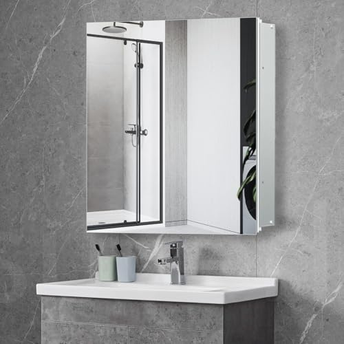 FUMANGO 28x28 Aluminum Medicine Cabinet, Bathroom Cabinet with Mirror,Firm and Durable, Waterproof and Rust-Proof, Recessed or Surface Mount,Assembly Required