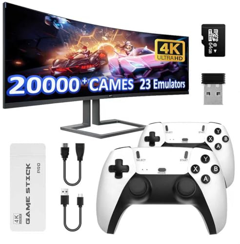 Retro Games Console with 2 Wireless Controllers, 4K HDMI TV Games Stick, 20,000+ Pre-Loaded Classic Games, 23 Emulators, Plug and Play