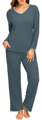 PrinStory Pigiama da donna a costine a maniche lunghe, con scollo a V e pantaloni a gamba larga