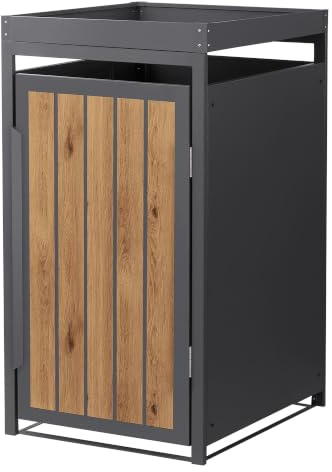 ML-Design Abri Cache 1 Poubelle 68x80x124cm 240L, Anthracite Aspect Bois Claire en Acier, Toit pour Plantes/Fleurs, Porte Clôture, Habillage Conteneur, Protection Visuelle, Résistant aux Intempéries