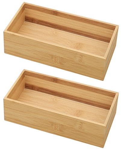 Packool Rectangular Design, Natural Wood Color, 8.7 x 3.9 x 2 in / 22 x 10 x 5 cm, Multi-Purpose Organizer for Bathroom, Kitchen, Desk, 2 Pcs of Wooden Trays, Wood Storage Box
