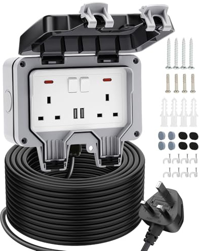 Outdoor Plug Sockets Waterproof 15M/10M Outdoor Extension Lead with 2 USB Ports, IP66 Weatherproof Socket Switch Indicator Light Wall Electrical Outlet Box for Garden