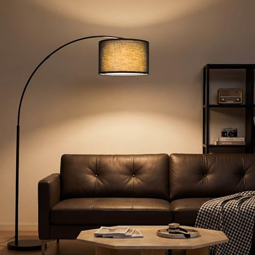 LuminexDesigns Bogenlampe Wohnzimmer 200cm Schwarz, E27 Stehlampe Modern | Mit 80cm Ausladung, 320° verstellbarem Lampenkopf, Fußschalter, 3 Farbtemperaturen für Sofa Esstisch und Lesenecke OVEL FL21