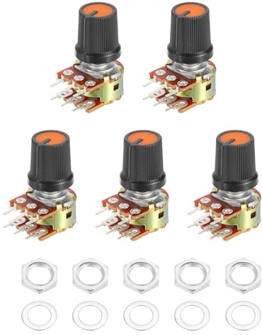 QUARKZMAN 5Set WH148 B20K Ohm Potentiometer Kit 6-Pin Split Shaft Rotary Linear Zweifach Taper Rotary Audio Potentiometer Mit Drehknopf Mutter Und Unterlegscheibe 15mm Welle Schwarz/Orange