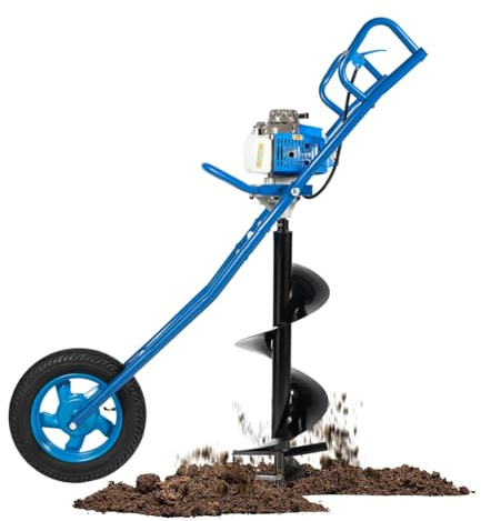 KigerNee Benzin Erdbohrer 63CC 2-Takt 3 PS Erdlochbohrer mit Handwagen & 30cm Bohrer, 11 Schubkarren Erdbohrer – Benzin Bodenbohrer Pfahlbohrer 8800 U/min für Garten Landwirtschaft Zaunbau (Blau)