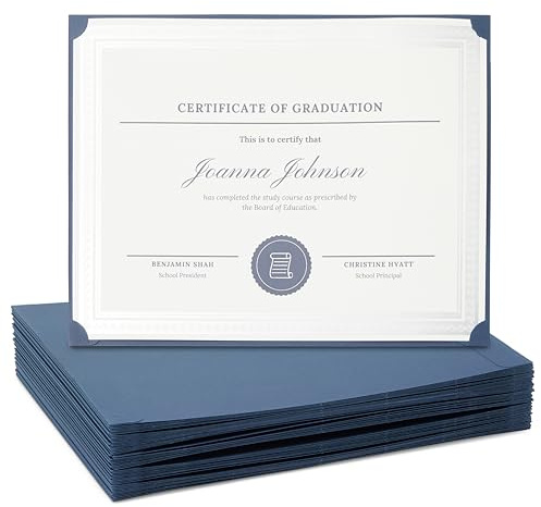 Soportes para certificados de una sola cara, paquete de 48, 8.5 x 11 pulgadas, color azul marino, papel pesado de 300 g/m², ranuras en las esquinas para una visualización segura, carpeta de